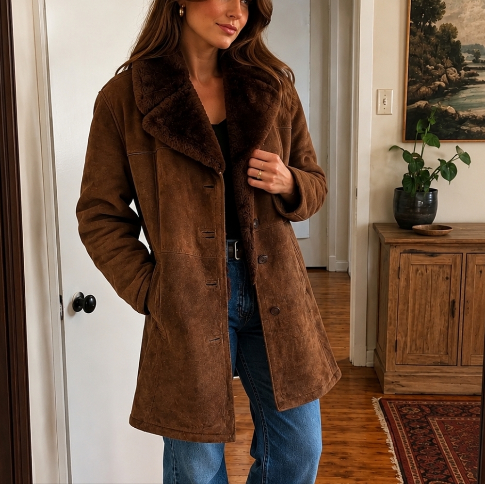 Montreal Leather Garment Sheepskin Shearling Coat Brown Suede Fur Lined Size 40